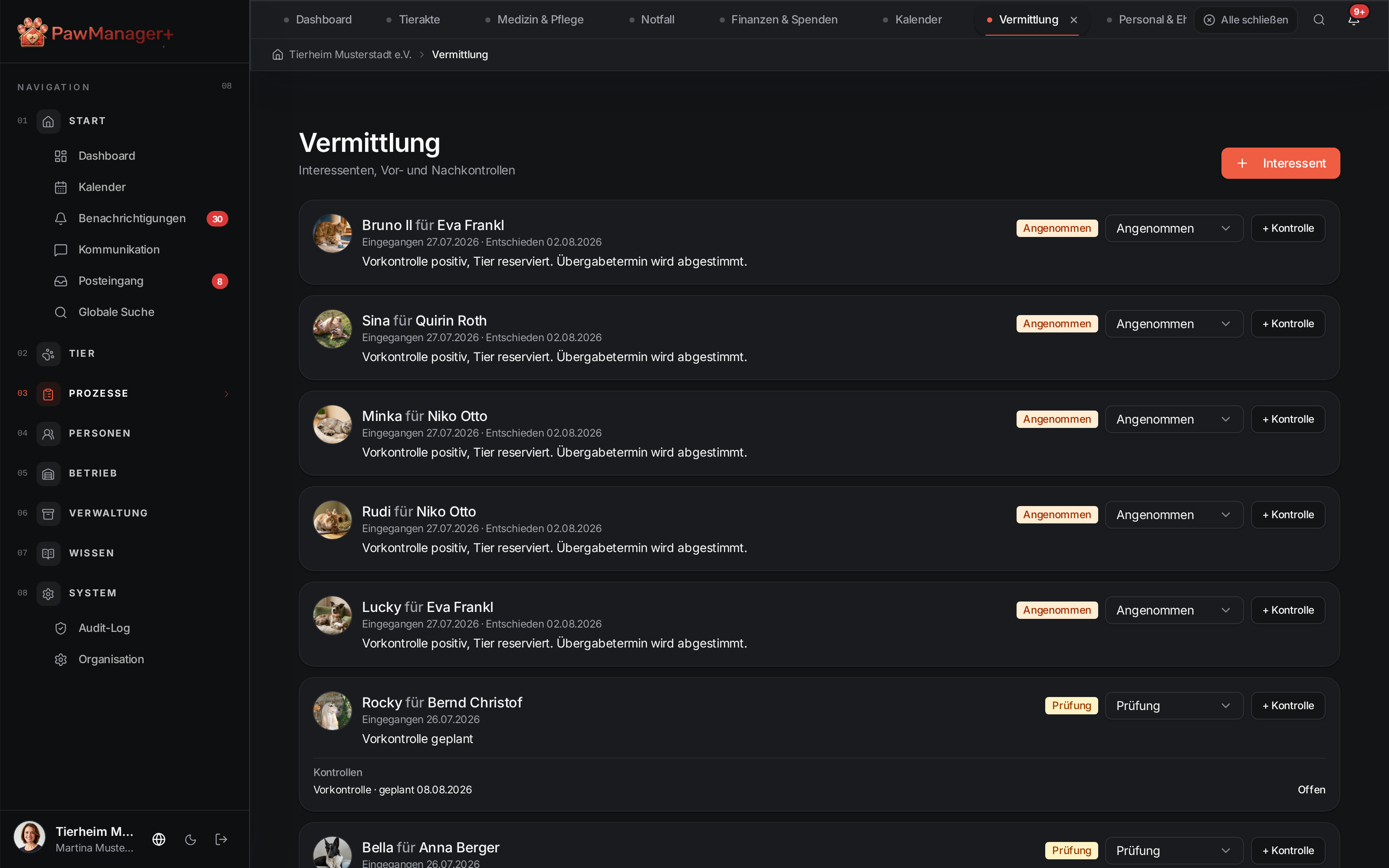 Vermittlungsübersicht in PawManager+ mit Beispieldaten
