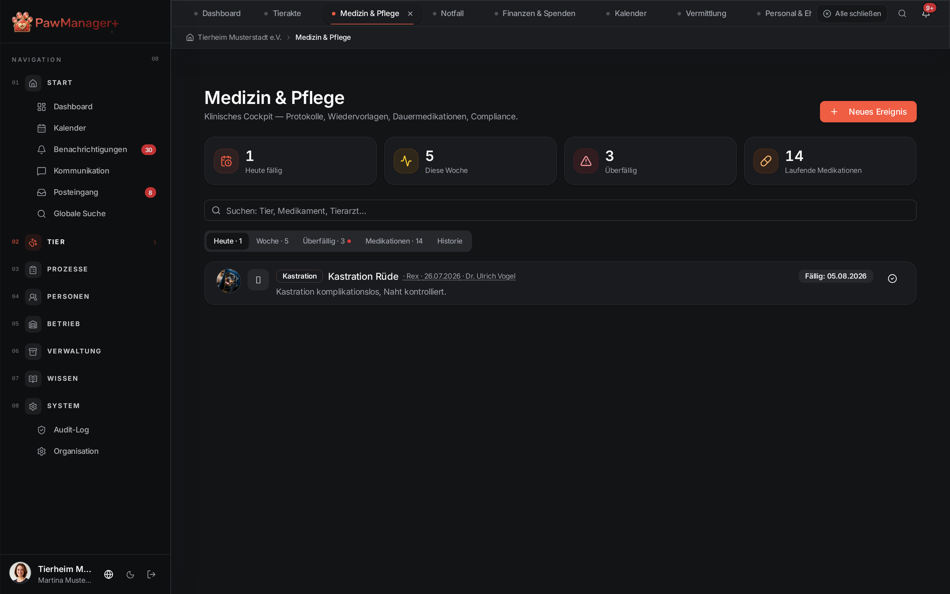 Medizinischer Verlauf in PawManager+ mit Beispieldaten