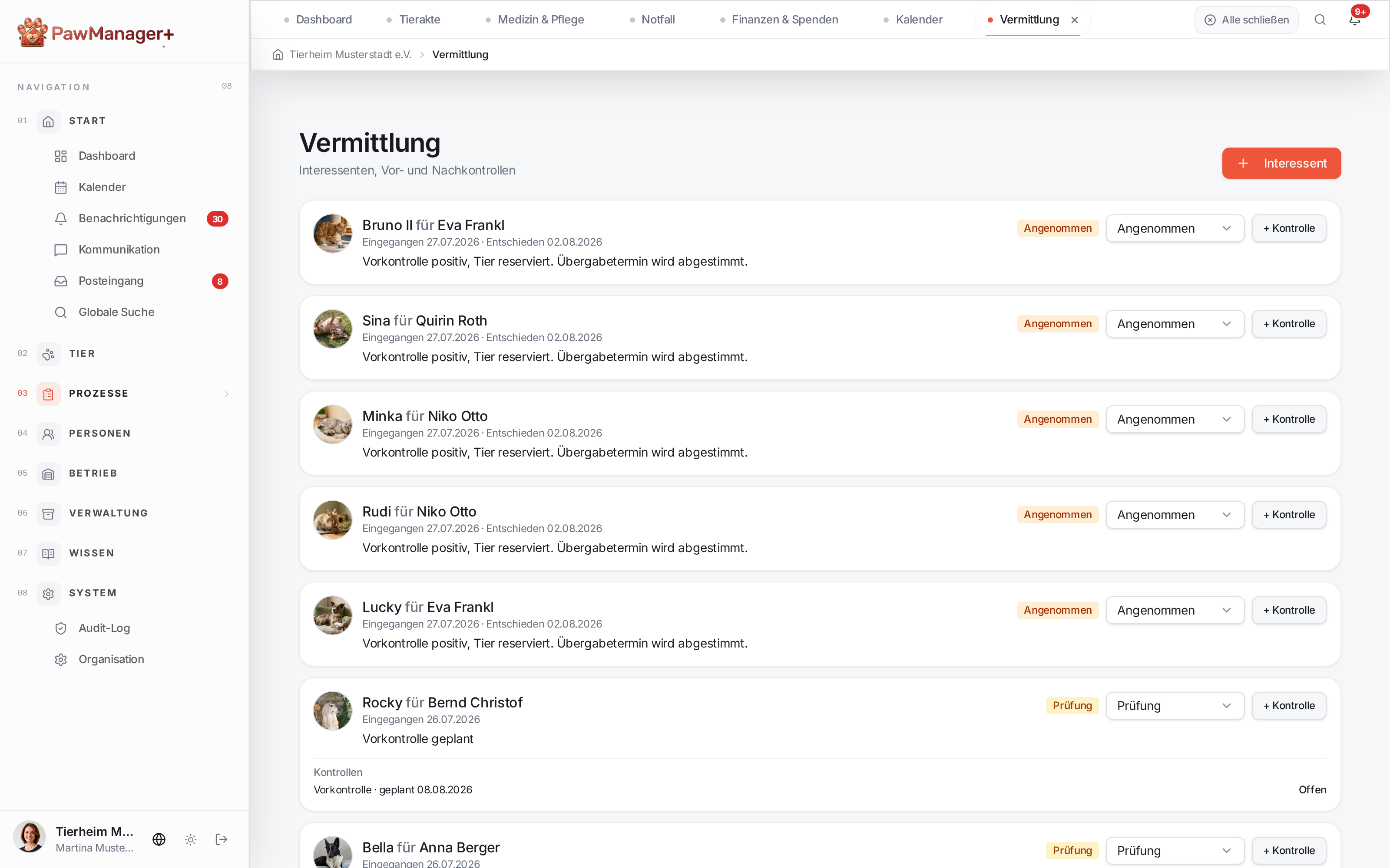 Vermittlungsübersicht in PawManager+ mit Beispieldaten