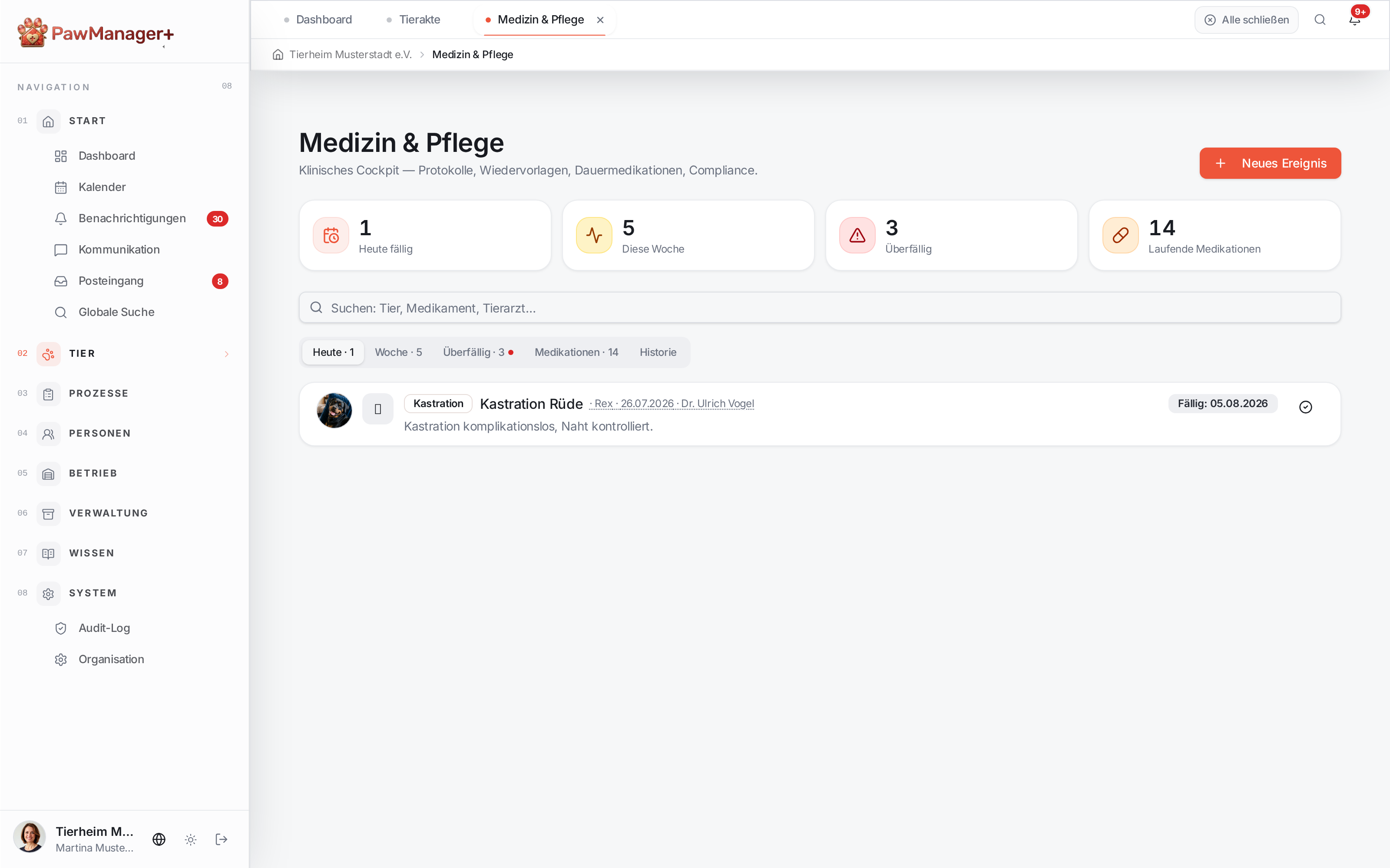 Medizinischer Verlauf in PawManager+ mit Beispieldaten