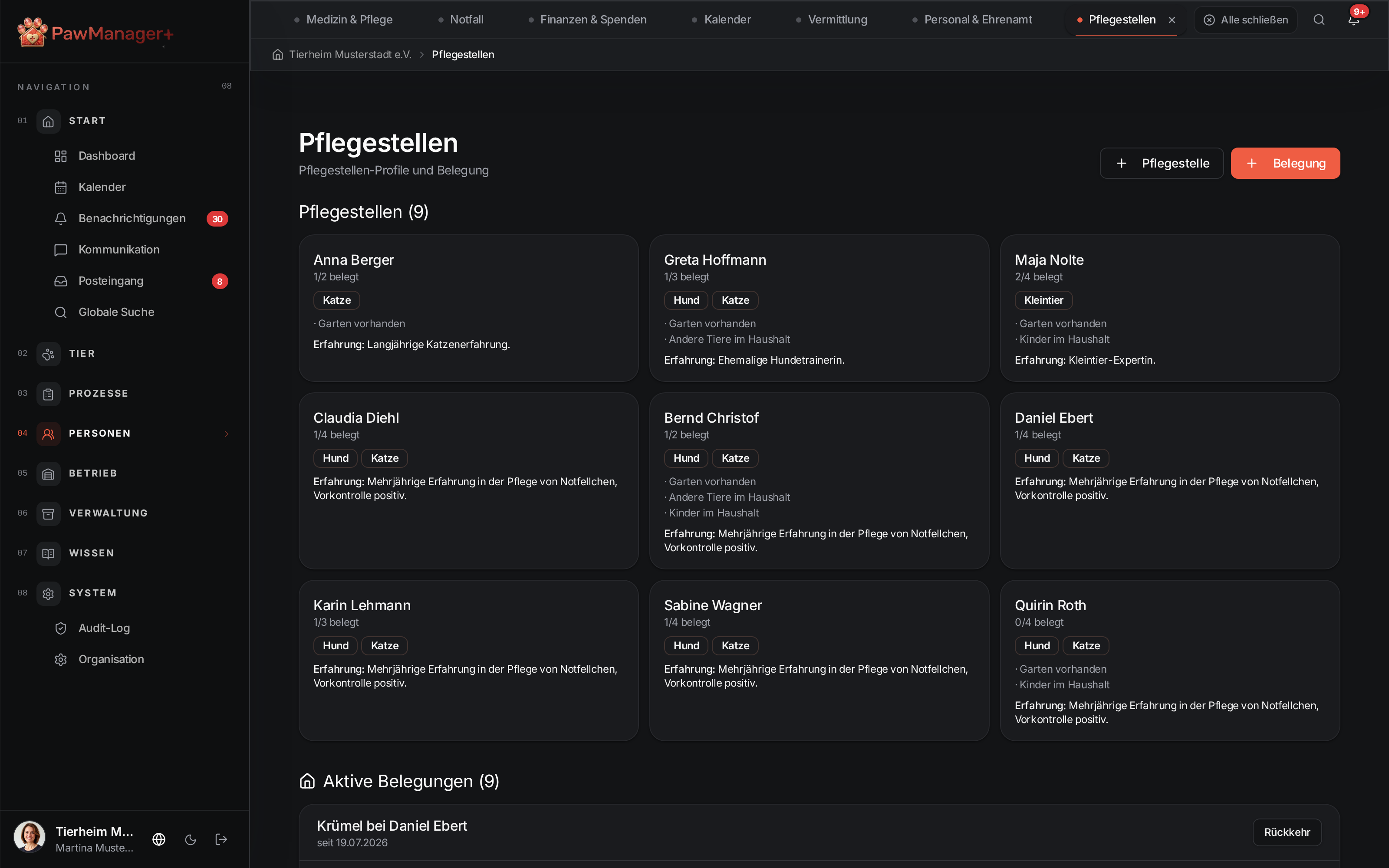 Pflegestellenübersicht in PawManager+ mit Beispieldaten