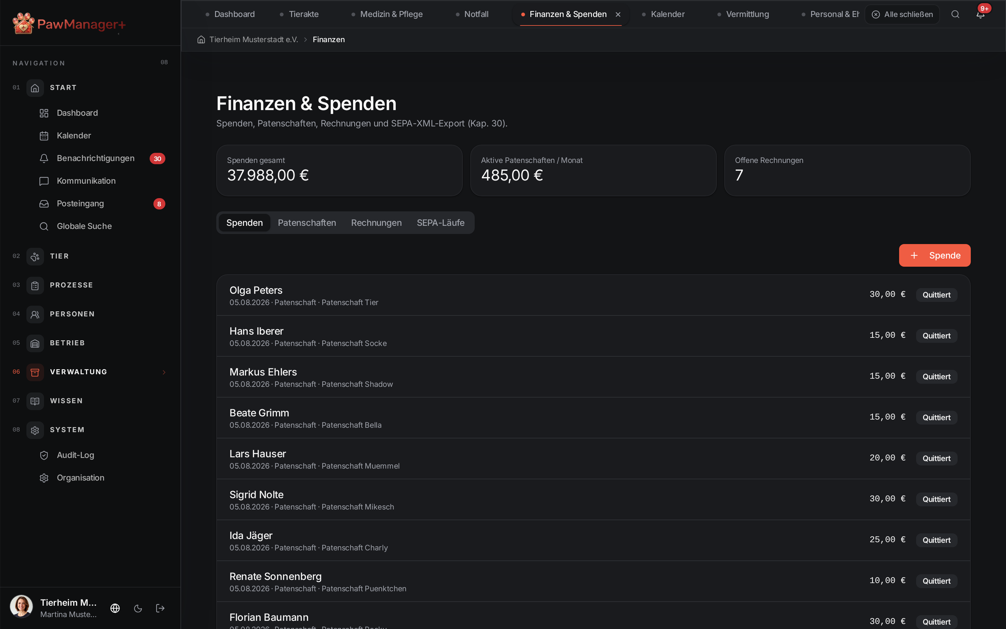 Finanzübersicht in PawManager+ mit Beispieldaten